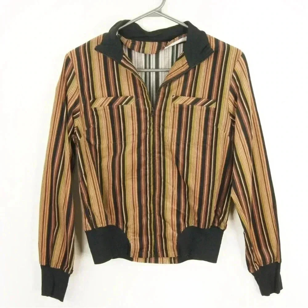 Vintage 70s Hippie Boho Corduroy Velvet Brown Green Stripe Light Zipup Jacket